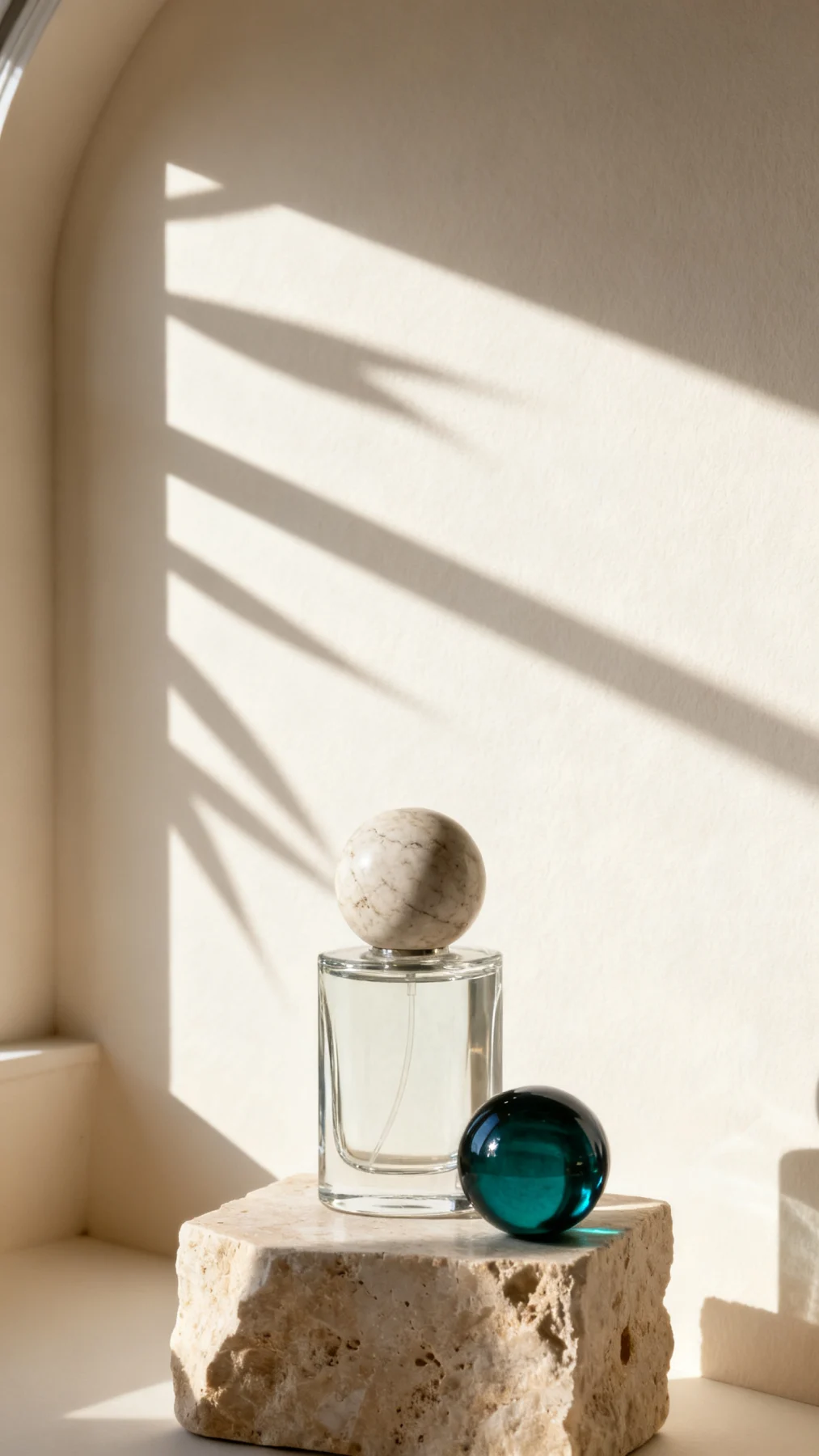A glass perfume bottle with a travertine cap on a stone block, leaf shadows on a warm-white wall