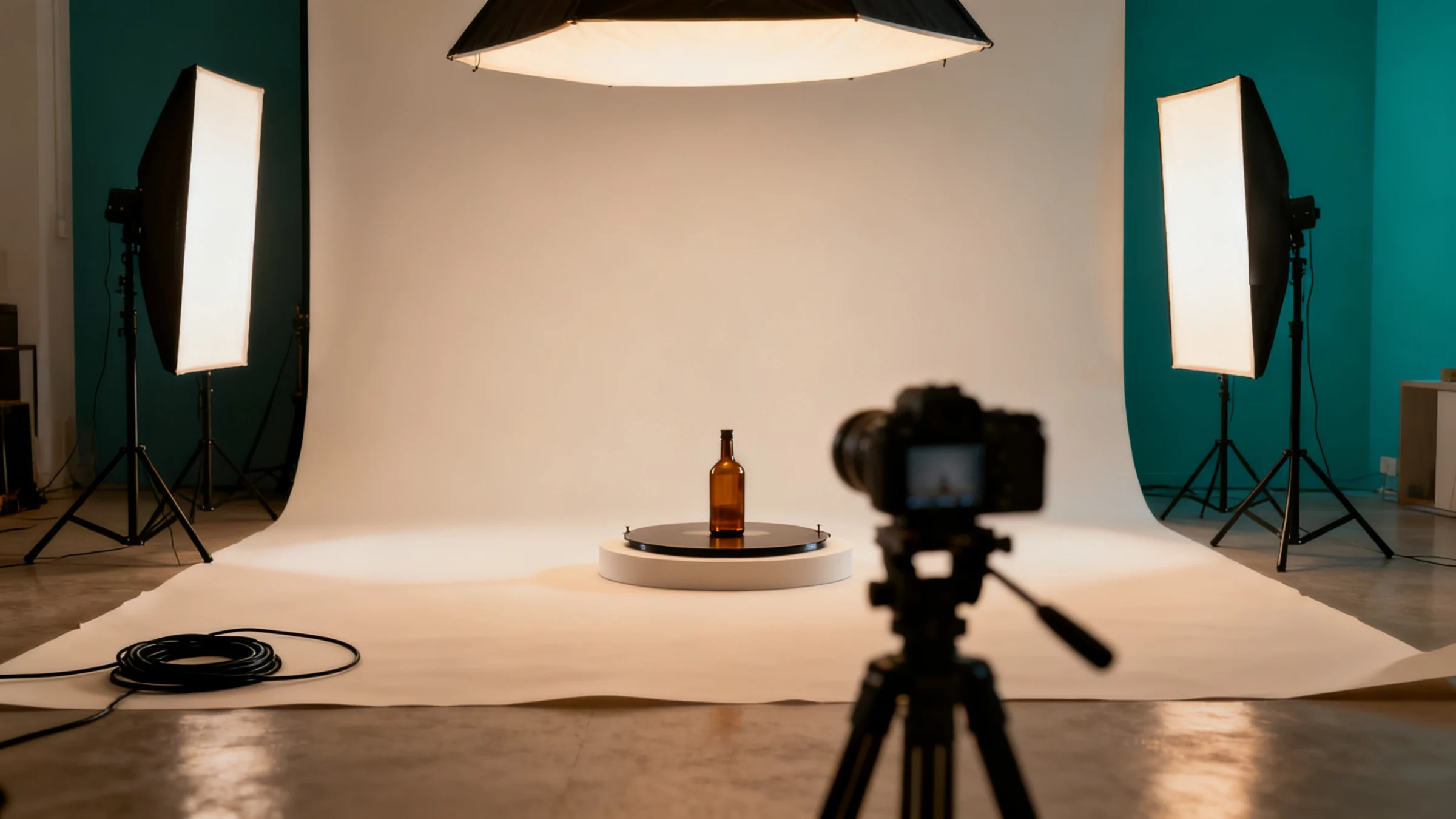 An empty product studio: a seamless white cove, two softboxes on stands, a turntable with an amber bottle and a camera on a tripod