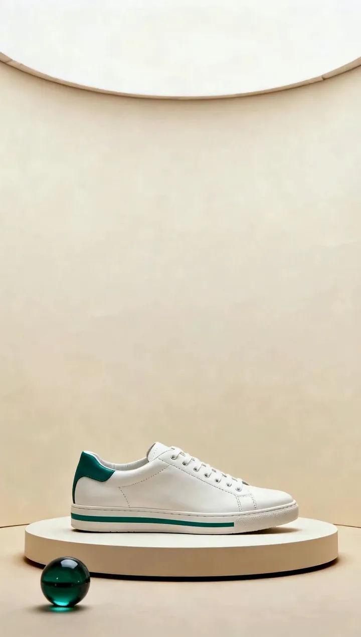 A white leather sneaker with a teal heel tab on a turntable plinth in a seamless warm-white studio cove