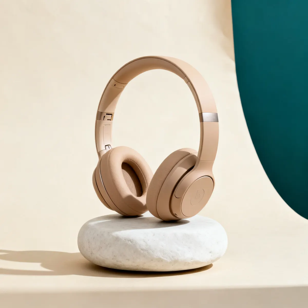 Sand over-ear headphones resting on a round white stone, teal paper fold behind.