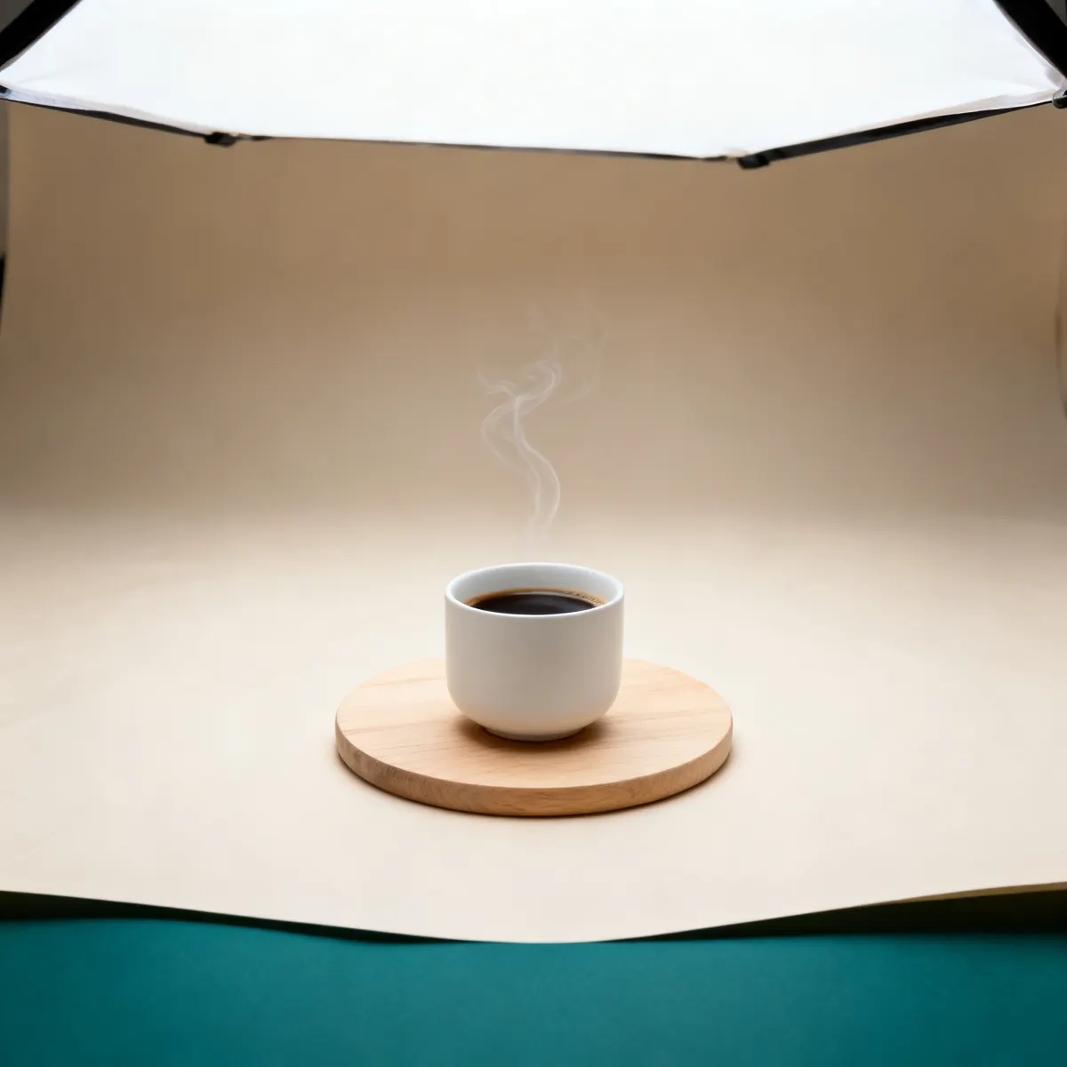 White handleless cup of black coffee on a pale oak board, a wisp of steam.