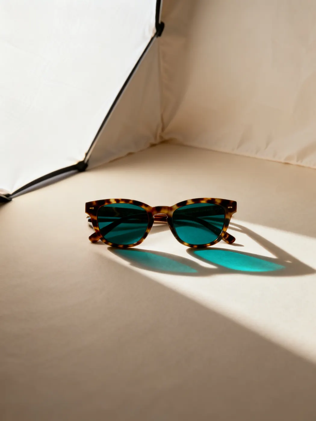 Tortoiseshell sunglasses, teal lenses, low raking sun throwing coloured light on the floor.