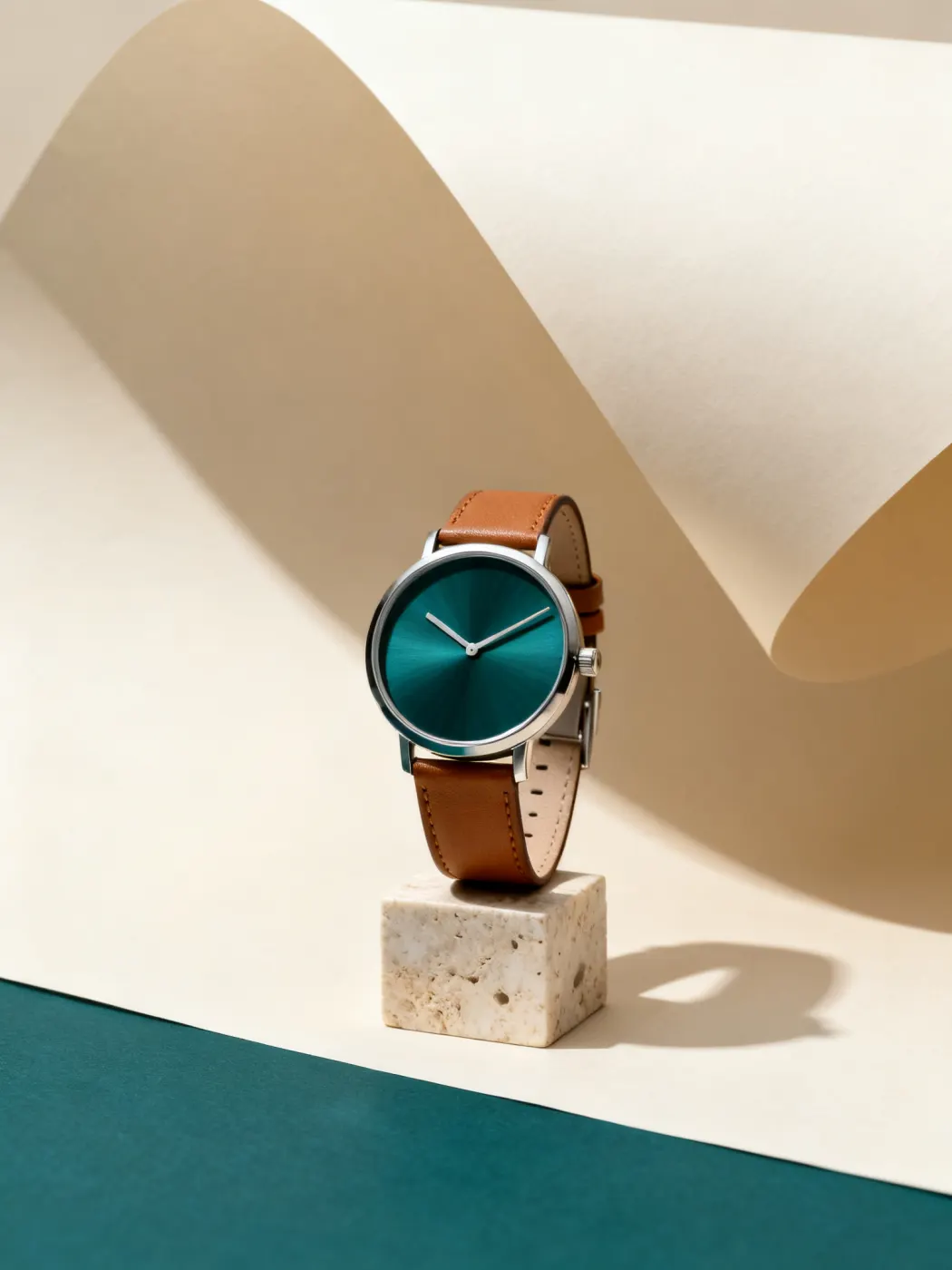 Steel watch, teal sunray dial, tan strap, propped on a travertine block; paper sweep behind.